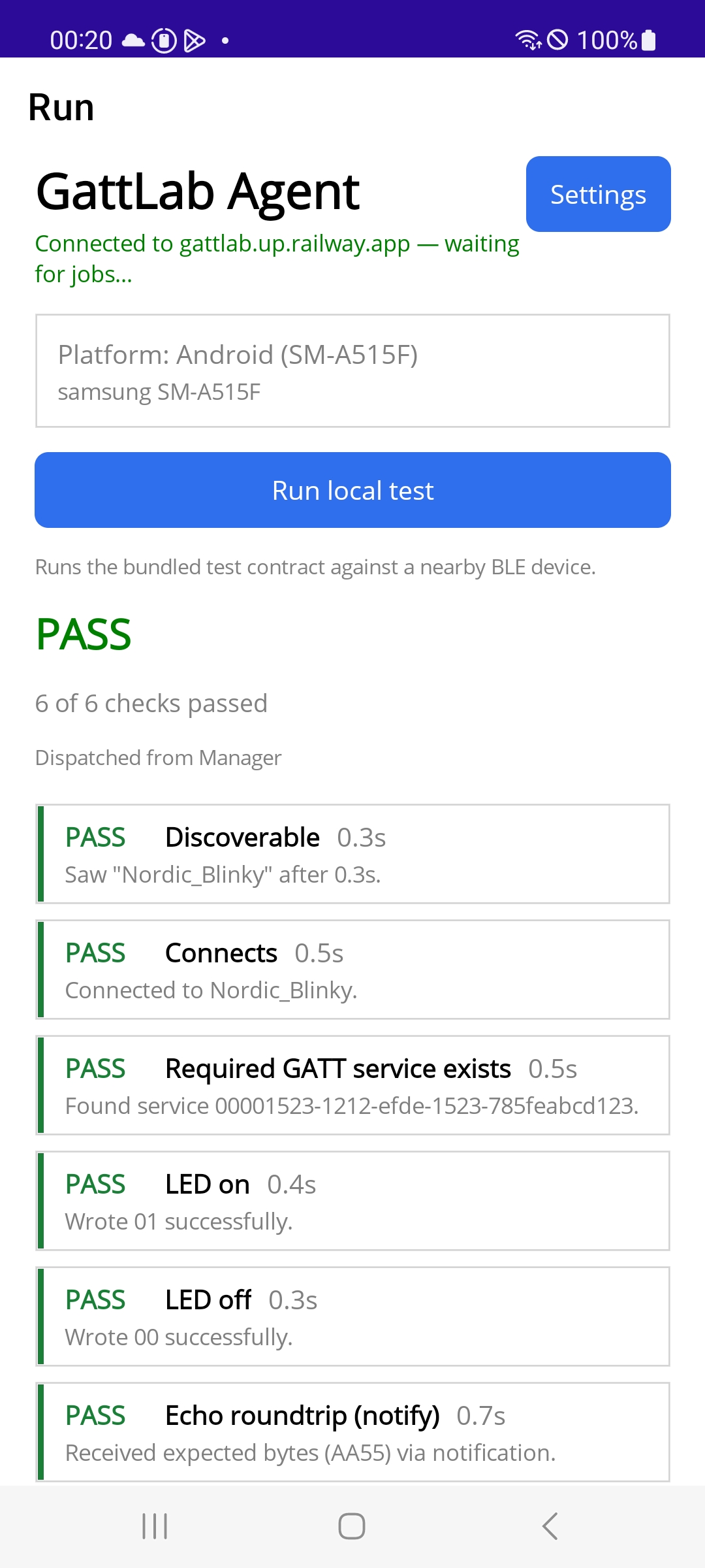 GattLab Agent showing a PASS result with 6 of 6 checks passed for a contract dispatched from the Manager