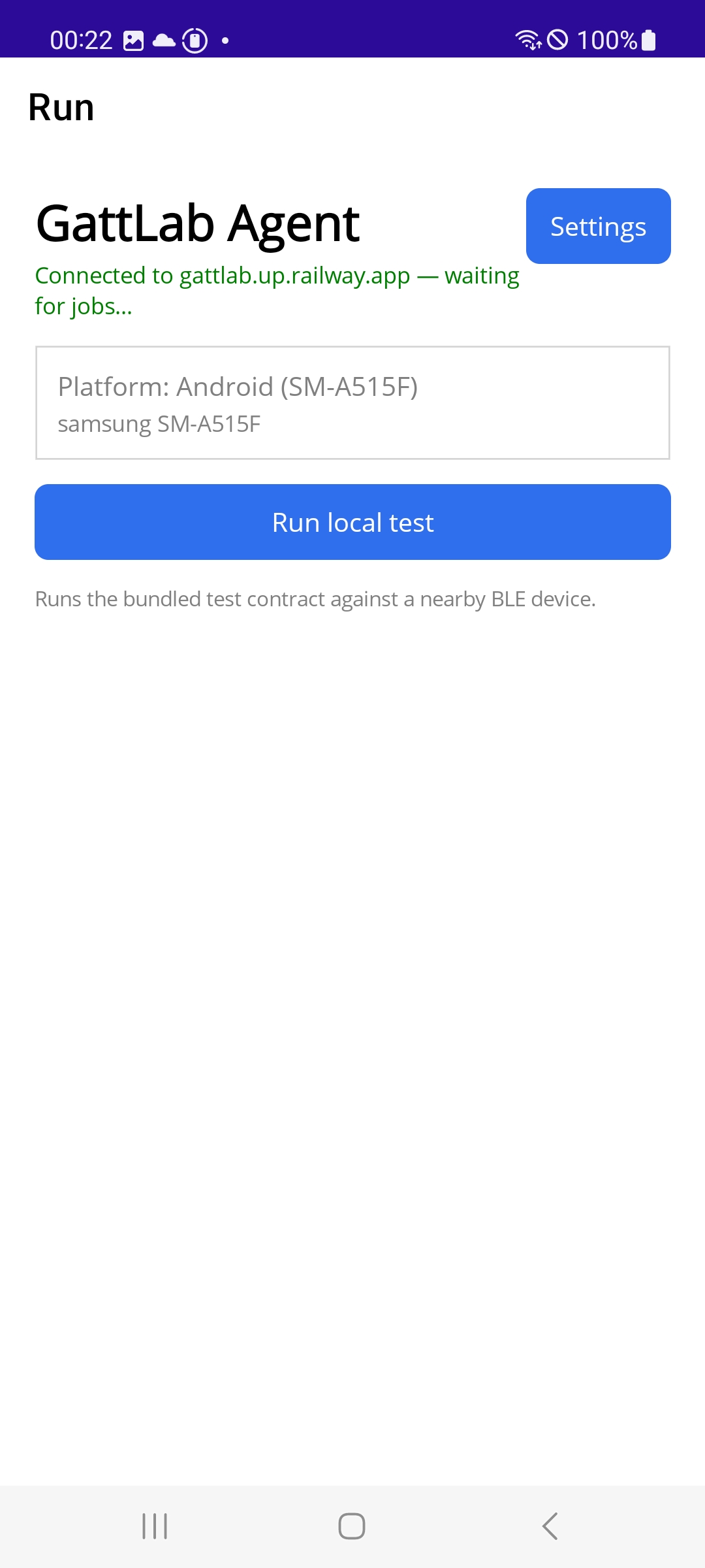 GattLab Agent running on an Android phone, connected to the Manager and waiting for a job